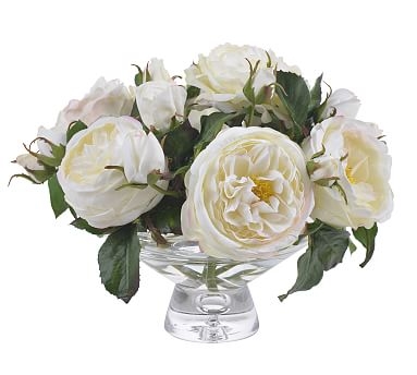 Faux White Rose Composed Arrangement, Glass Vase - 10'' - Image 0
