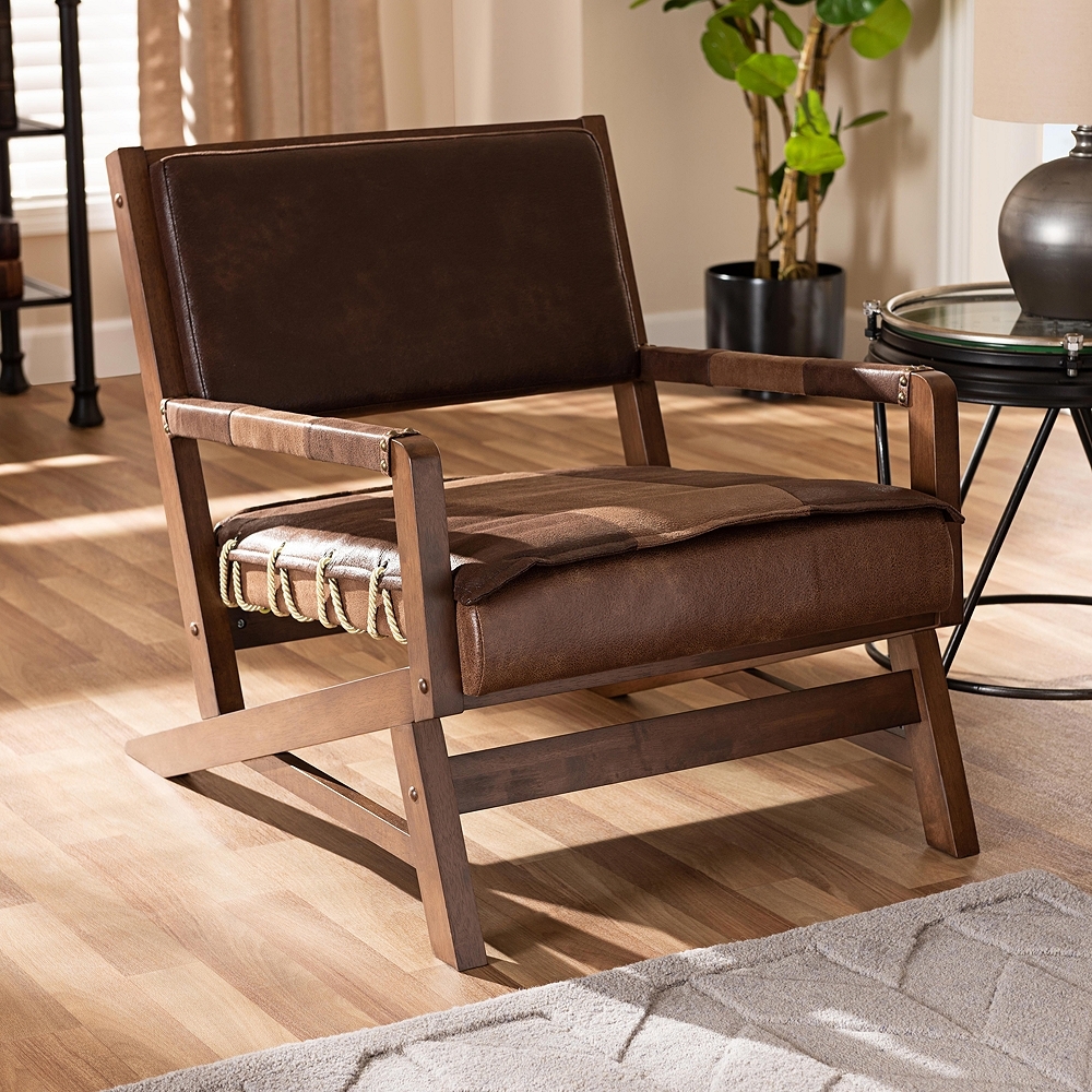 Rovelyn Brown Faux Leather and Walnut Wood Lounge Chair - Style # 69H37 - Image 0