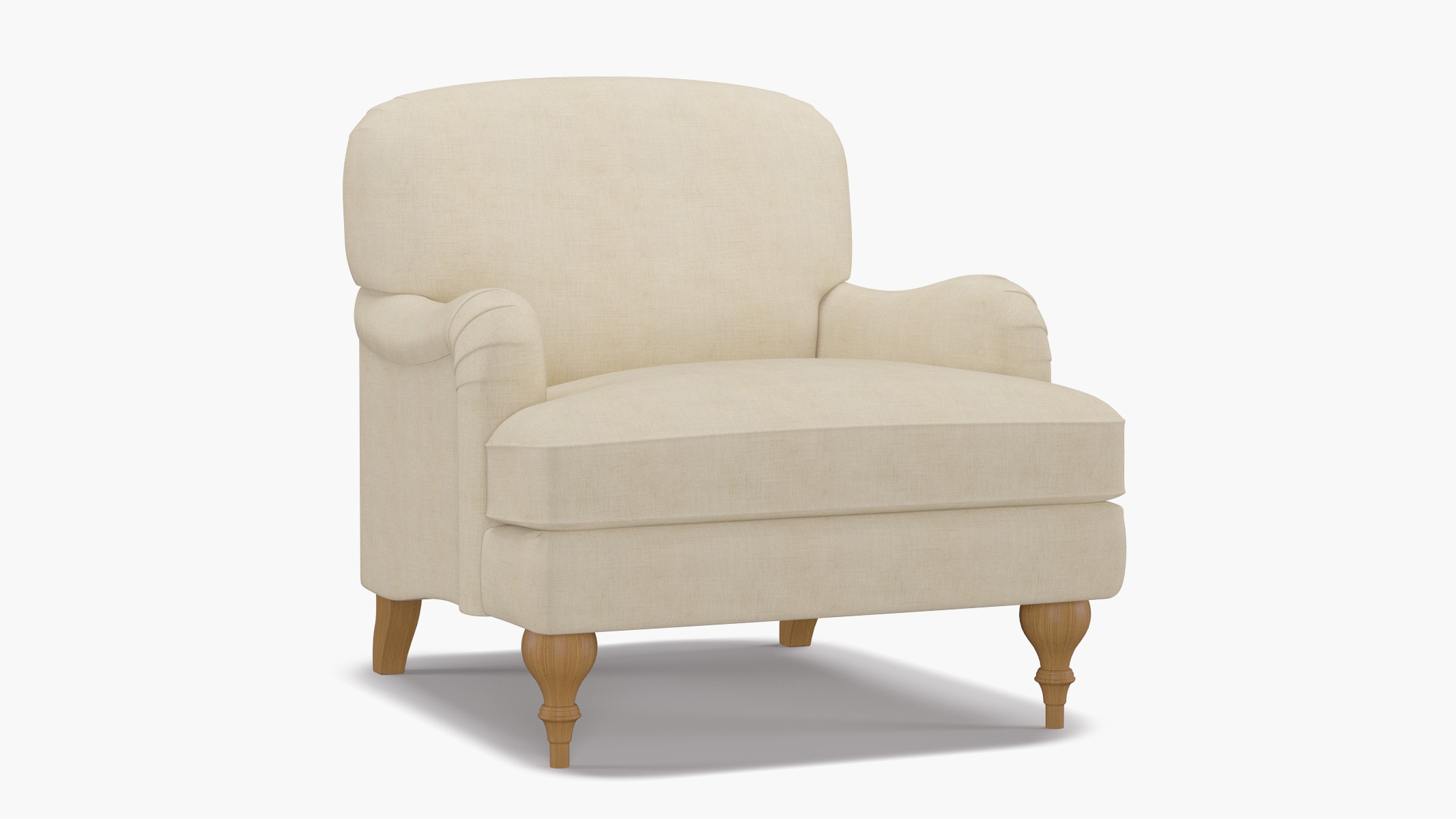 English Roll Arm Chair, Talc Everyday Linen, Natural Turned Wood Leg - Image 1