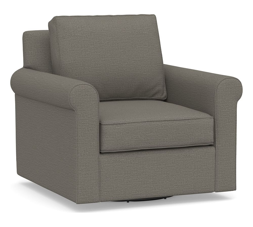 Cameron Roll Arm Upholstered Swivel Armchair, Polyester Wrapped Cushions, Chunky Basketweave Metal - Image 0