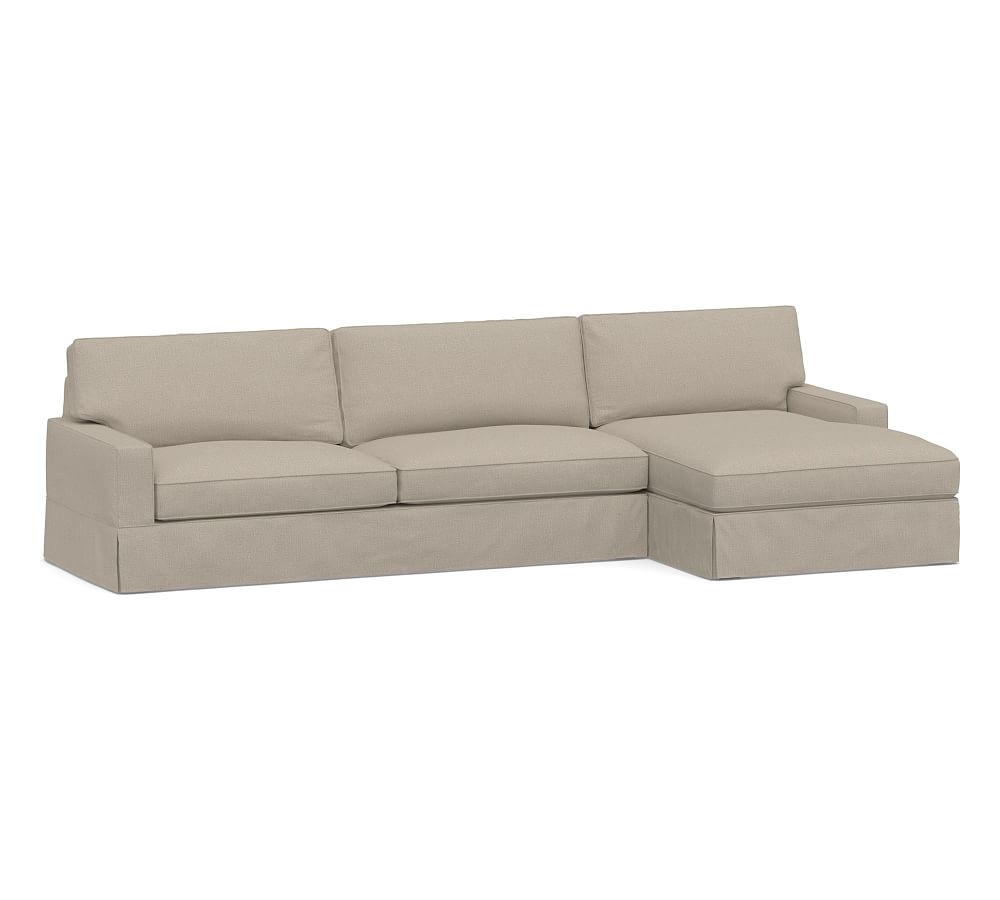 PB Comfort Square Arm Slipcovered Left Arm Sofa with Wide Chaise Sectional, Box Edge, Down Blend Wrapped Cushions, Performance Brushed Basketweave Sand - Image 0