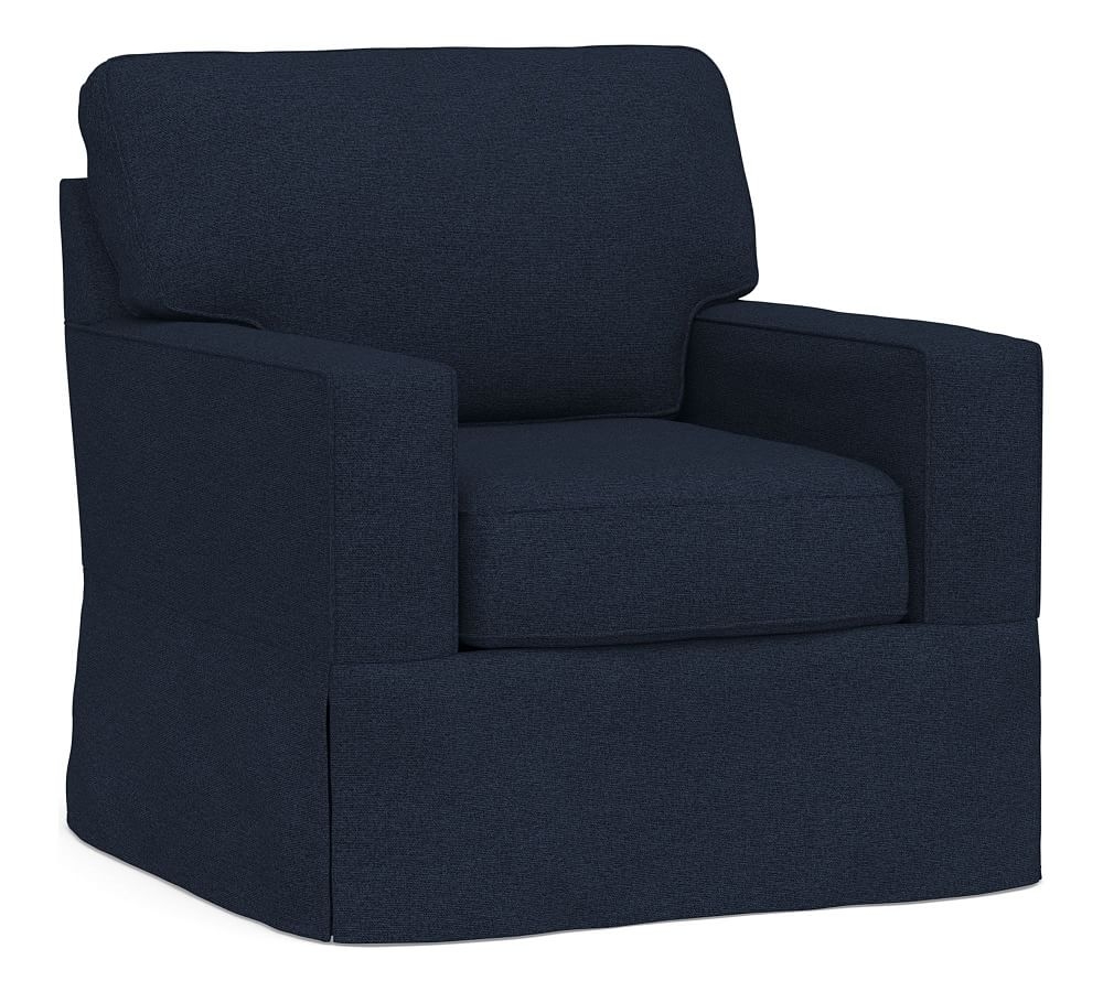 Buchanan Square Arm Slipcovered Armchair, Polyester Wrapped Cushions, Performance Heathered Basketweave Navy - Image 0