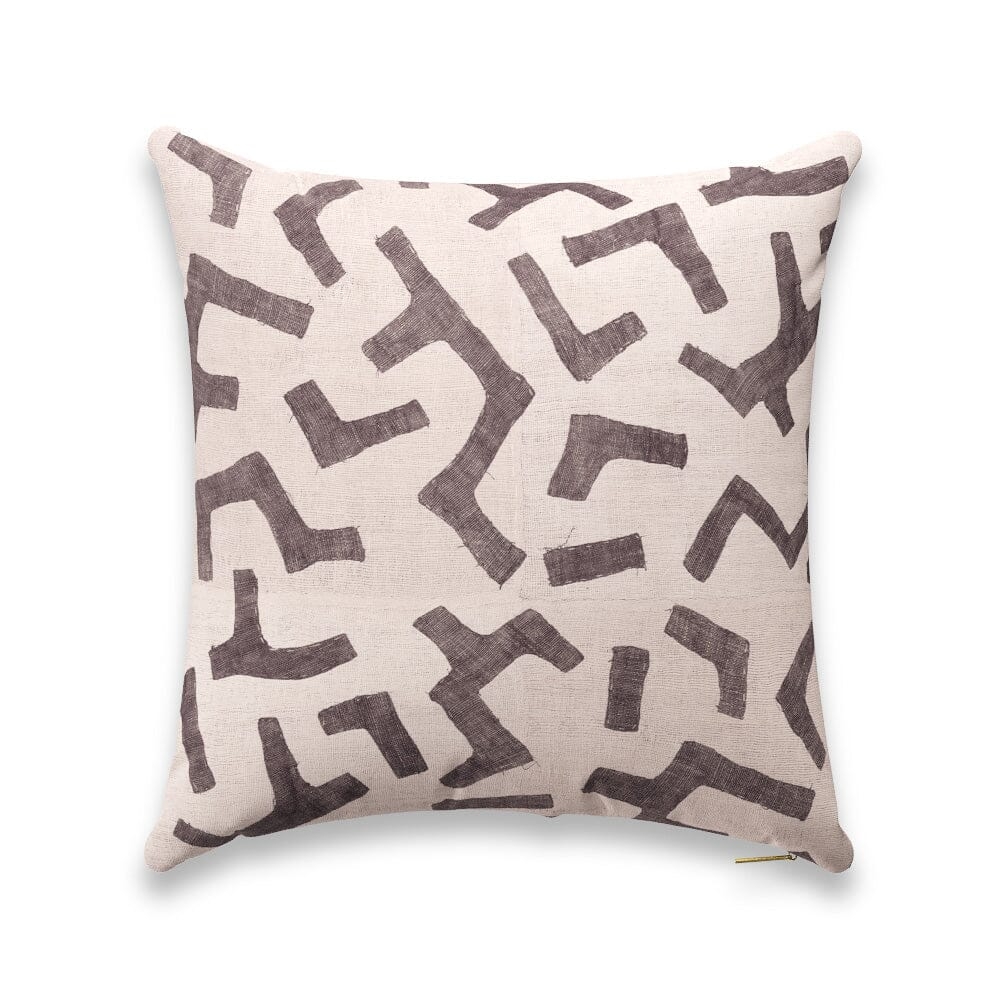 Ecru Figures Kuba Cloth Pillow by St. Frank | Grey | 26" W x 26" H | Sheepskin/Linen - Image 0