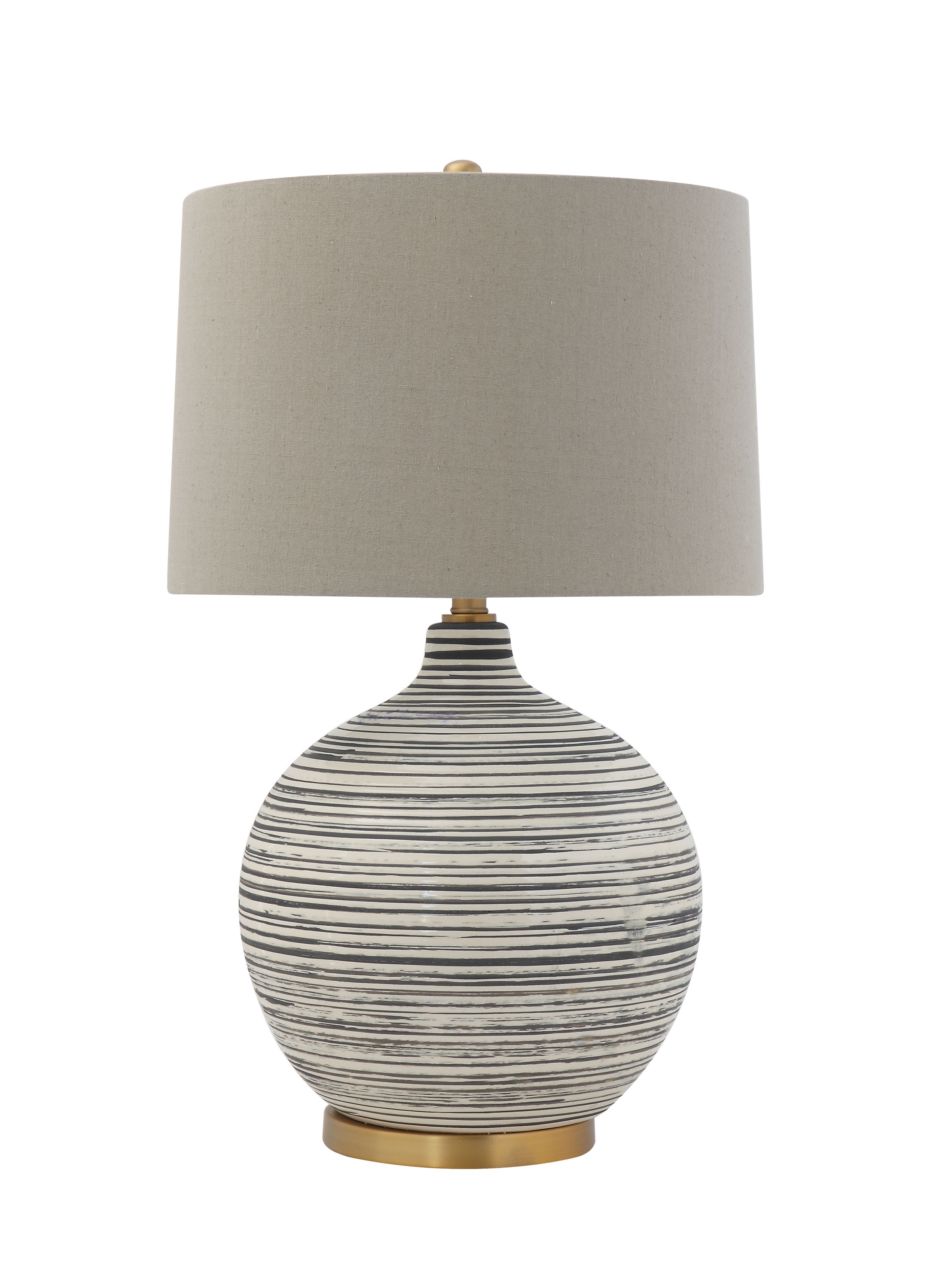 Textured Black & White Striped Ceramic Table Lamp with Grey Linen Shade - Image 0