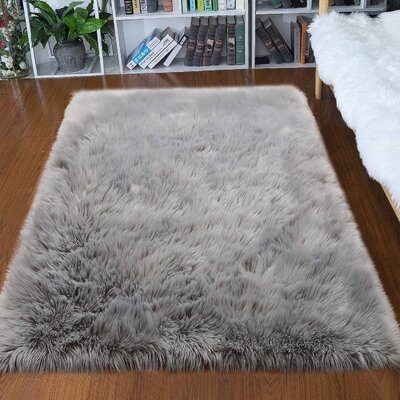Luxury Faux Sheepskin Fur Area Rug Soft Fluffy Rugs, Shag Plush Carpet Faux Fur Rug For Bedroom Floor Rectangle Grey - Image 0