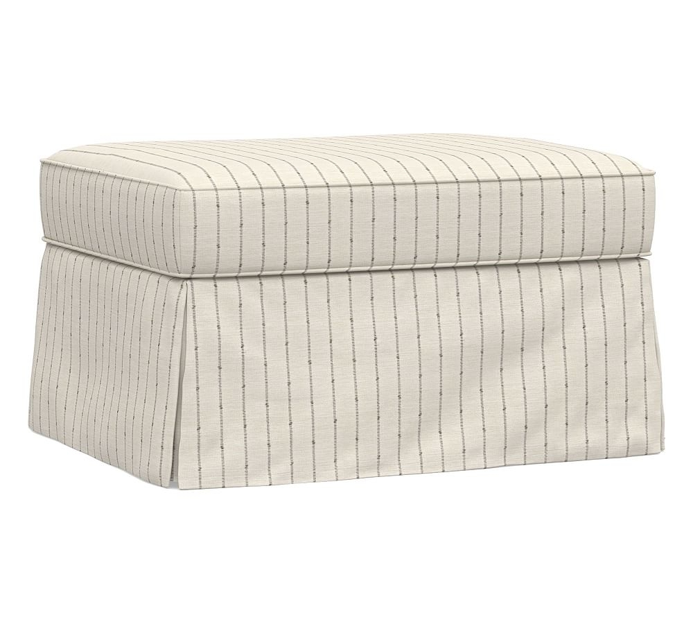 PB English Slipcovered Storage Ottoman, Polyester Wrapped Cushions, Slubby Pinstripe Oatmeal - Image 0
