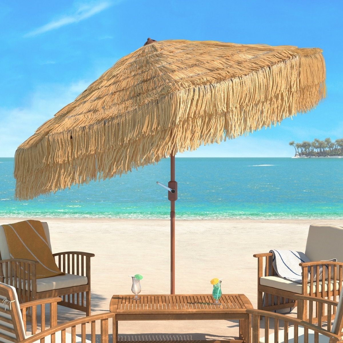 Tiki 9Ft Crank Umbrella - Brown - Safavieh - Image 1