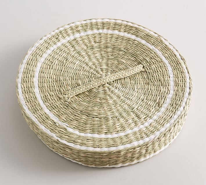White Rim Woven Seagrass Placemats with Holder, Set of 6 - Image 1