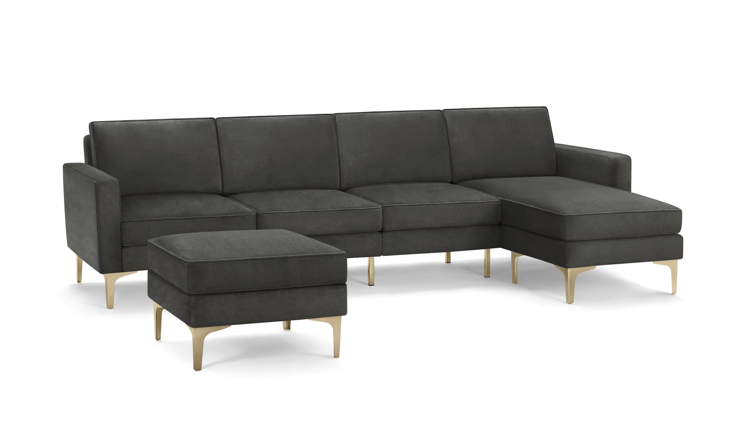 Nomad Velvet King Sofa with Reversible Chaise and Ottoman - Graphite Grey - Performance Velvet / Brass - Metal - Image 0