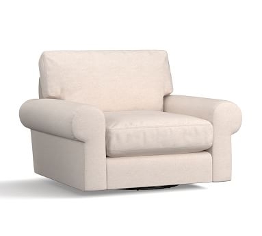 Turner Roll Arm Upholstered Swivel Armchair, Down Blend Wrapped Cushions, Performance Heathered Basketweave Navy - Image 1