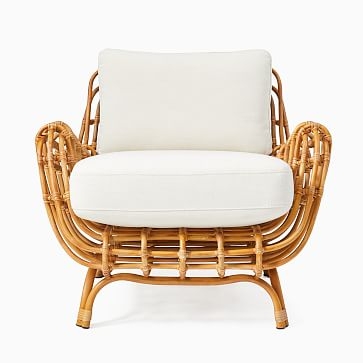 Savannah Rattan Chair + Cushion, Poly, Yarn Dyed Linen Weave, Stone White, Natural Rattan - Image 1