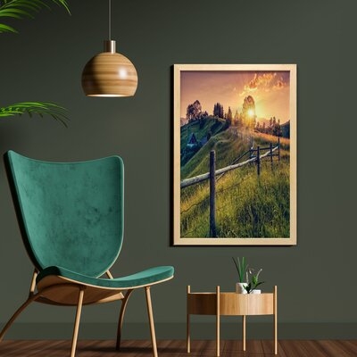 Ambesonne Europe Wall Art With Frame, Morning Sunbeams Over Countryside Farmhouse Colorful Sky Carpathian Ukraine, Printed Fabric Poster For Bathroom Living Room Dorms, 23" X 35", Fern Green Yellow - Image 0