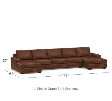 Big Sur Square Arm Leather U-Chaise Loveseat Sectional, Down Blend Wrapped Cushions, Statesville Caramel - Image 2