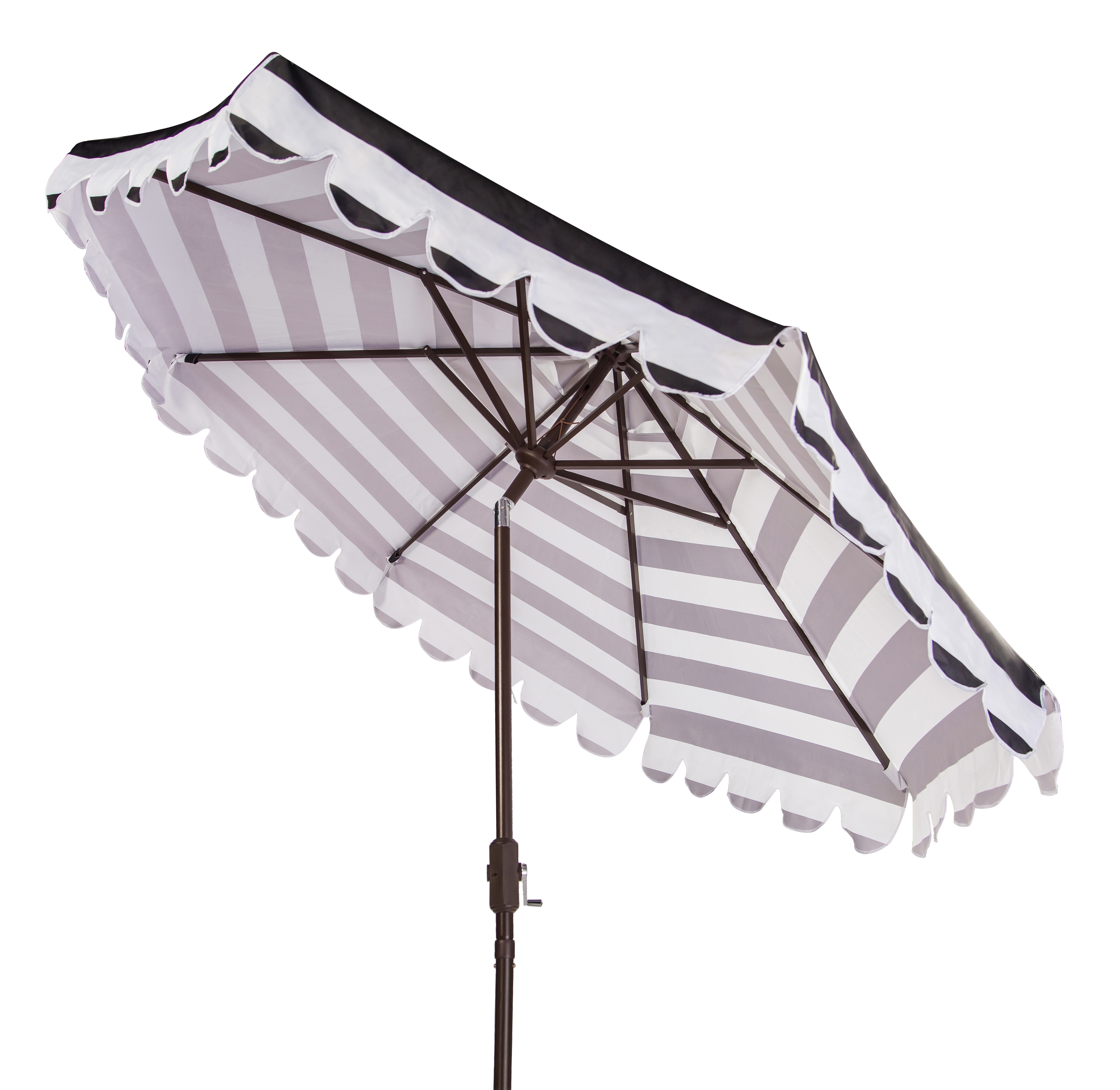 Maui Single Scallop Striped 9Ft Crank Push Button Tilt Umbrella - Black/White - Safavieh - Image 1