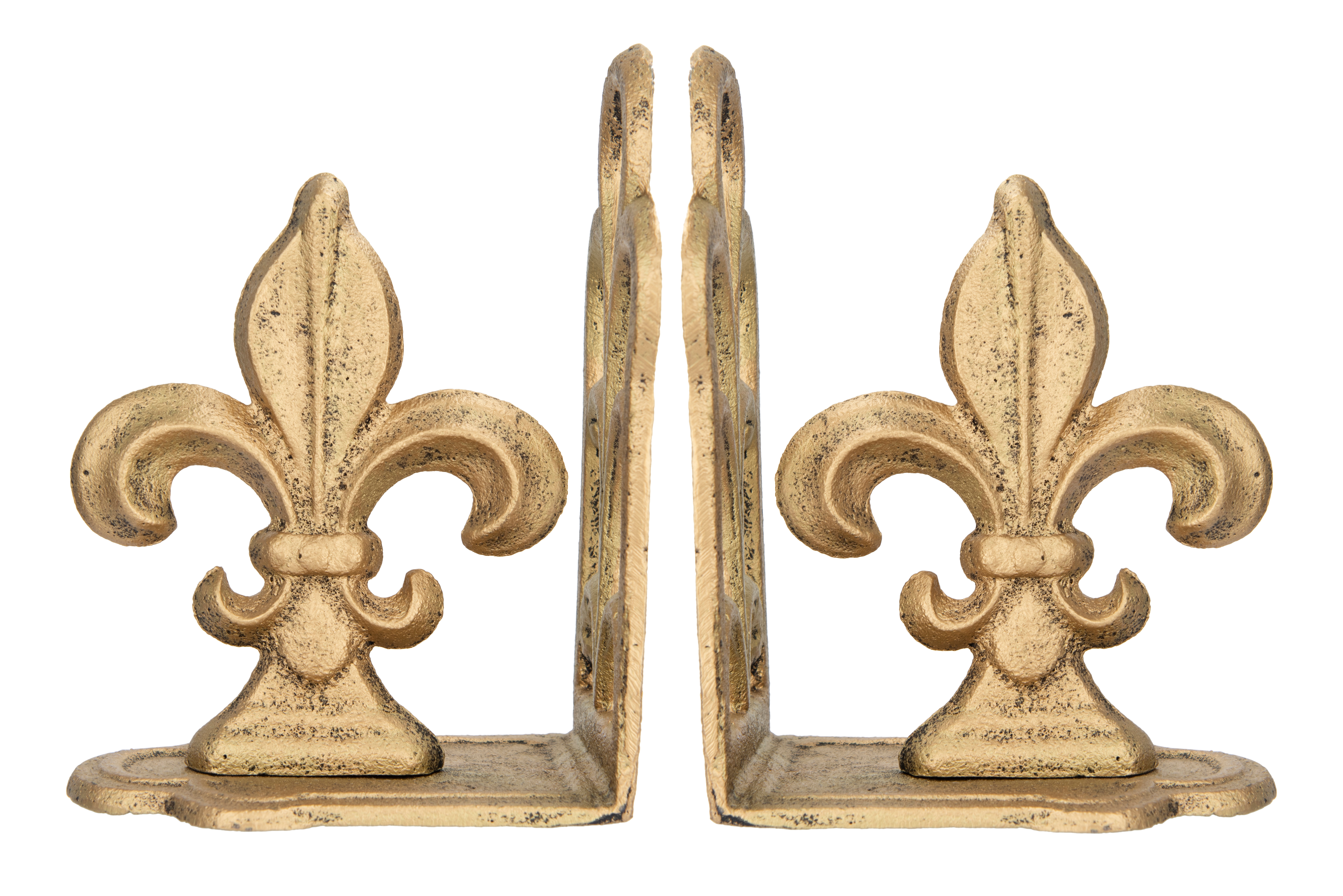 Distressed Gold Fleur de Lis Shaped Iron Bookends (Set of 2 Pieces) - Image 0