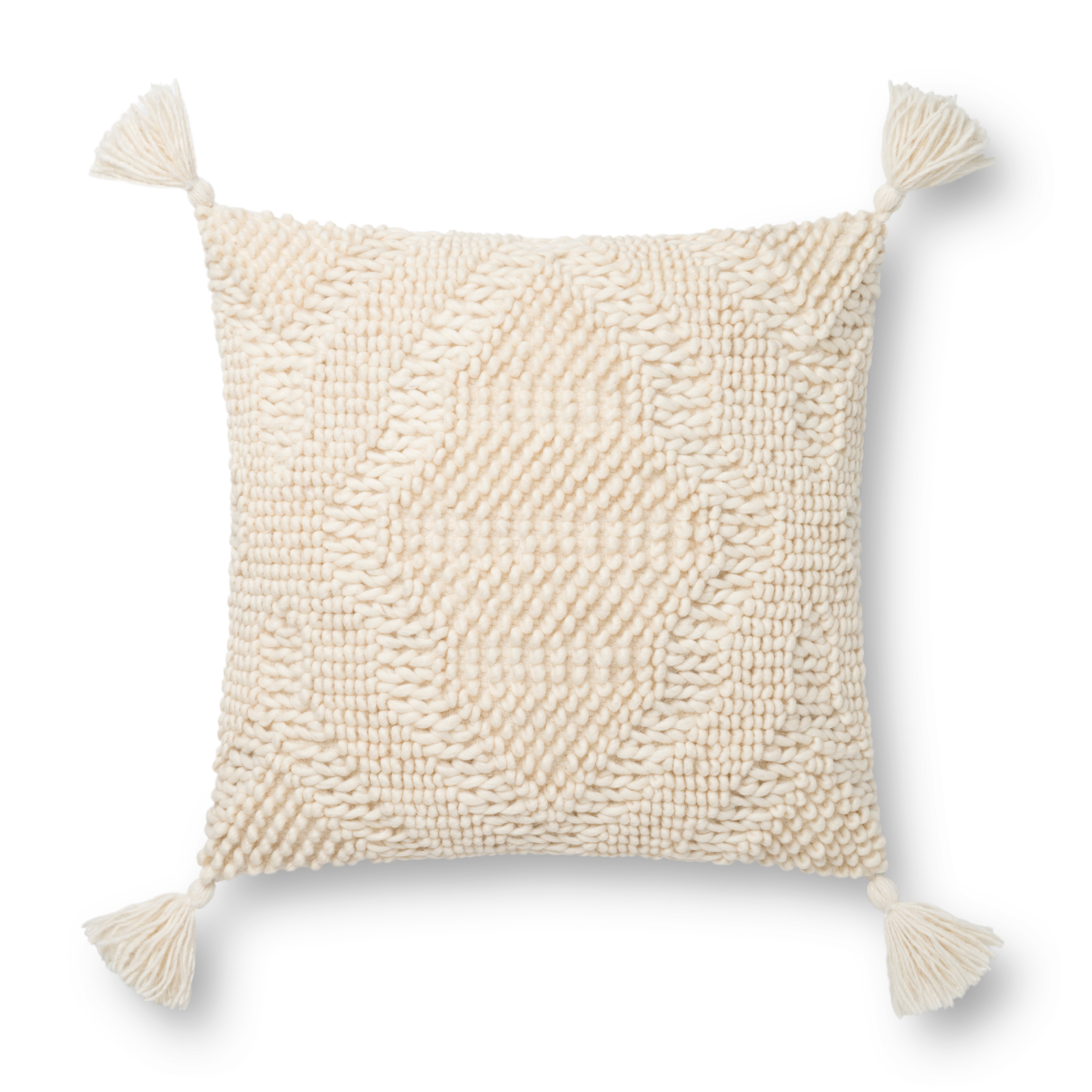 Woven Pattern Throw Pillow with Tassels, 18" x 18", Ivory - Image 0