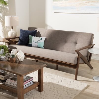 Burnsdale Mid-Century Modern Walnut Wood Light Grey Fabric Tufted 3-Seater Sofa - Image 0