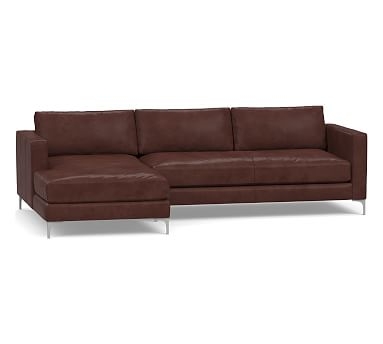 Jake Leather Right Arm Loveseat with Chaise Sectional, Bench Cushion and Brushed Nickel Legs, Down Blend Wrapped Cushions, Signature Whiskey - Image 0