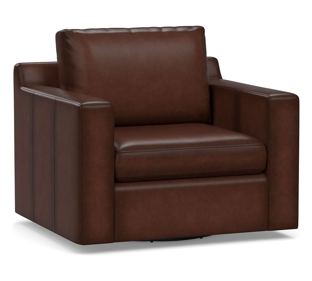 Shasta Square Arm Leather Swivel Armchair, Polyester Wrapped Cushions, Burnished Walnut - Image 0