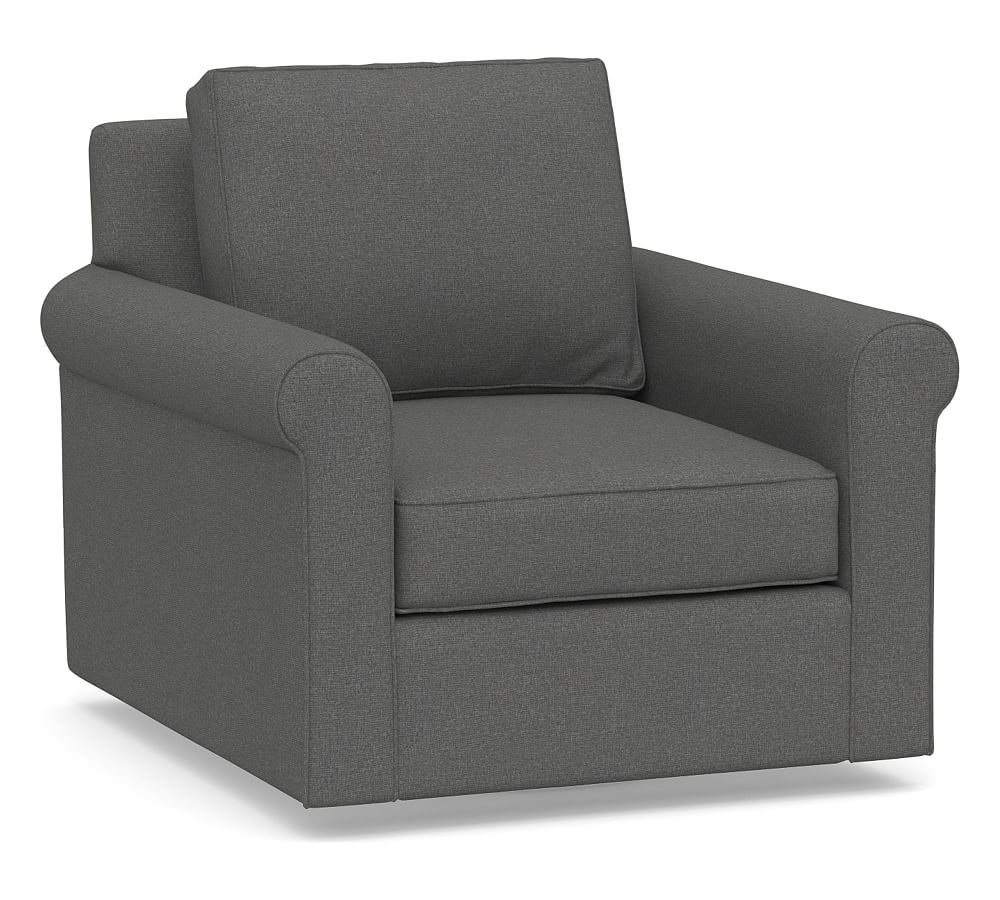 Cameron Roll Arm Upholstered Deep Seat Swivel Armchair, Polyester Wrapped Cushions, Park Weave Charcoal - Image 0