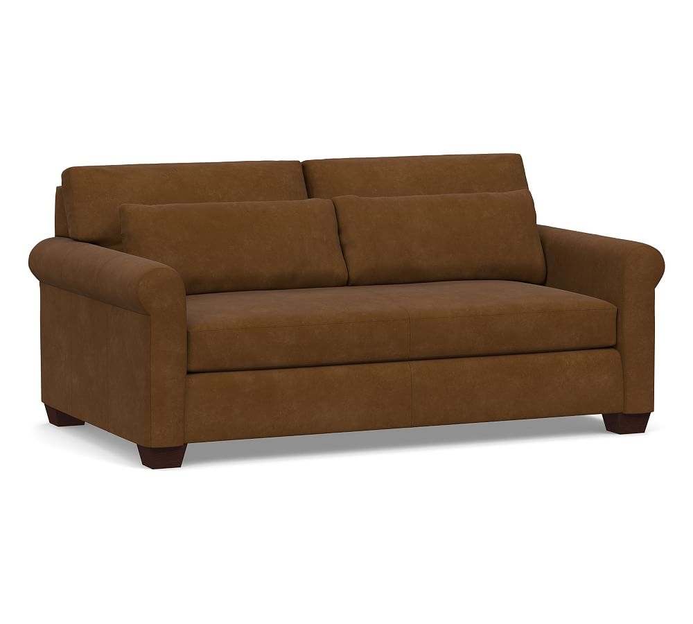 York Deep Seat Roll Arm Leather Loveseat 75" with Bench Cushion, Polyester Wrapped Cushions, Aviator Umber - Image 0