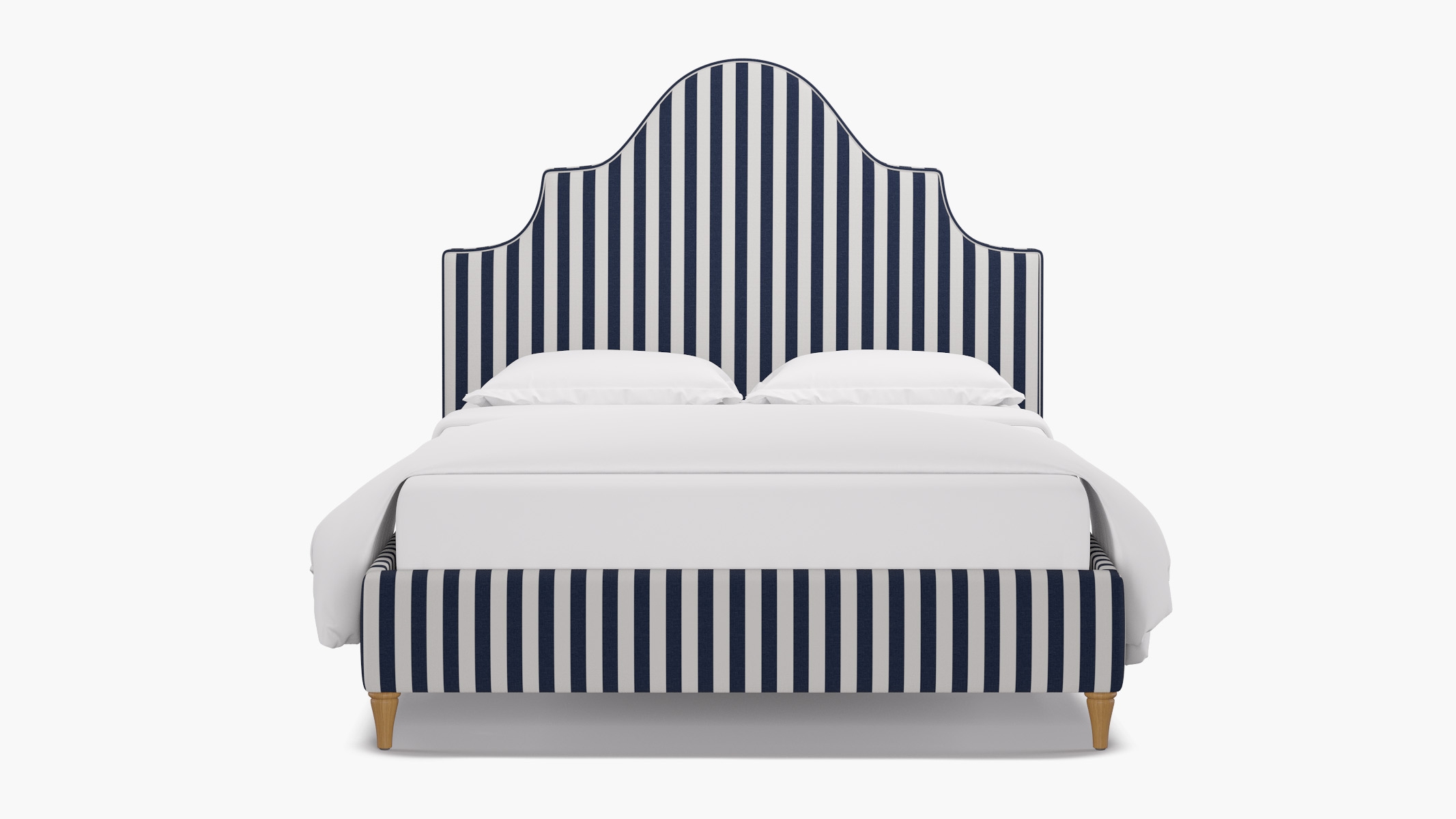 Statement Bed, Navy Cabana Stripe, Natural Decorative Tapered Leg, Twin - Image 0