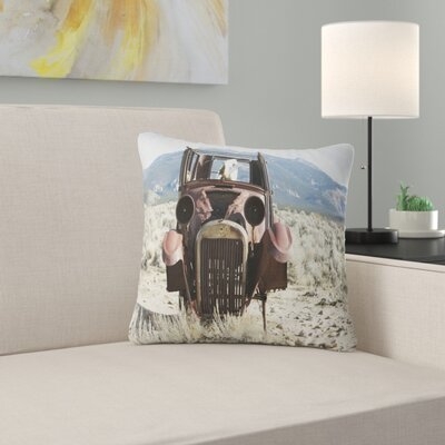 Landscape Retro Car in Mountainous Area Throw Pillow - Image 0