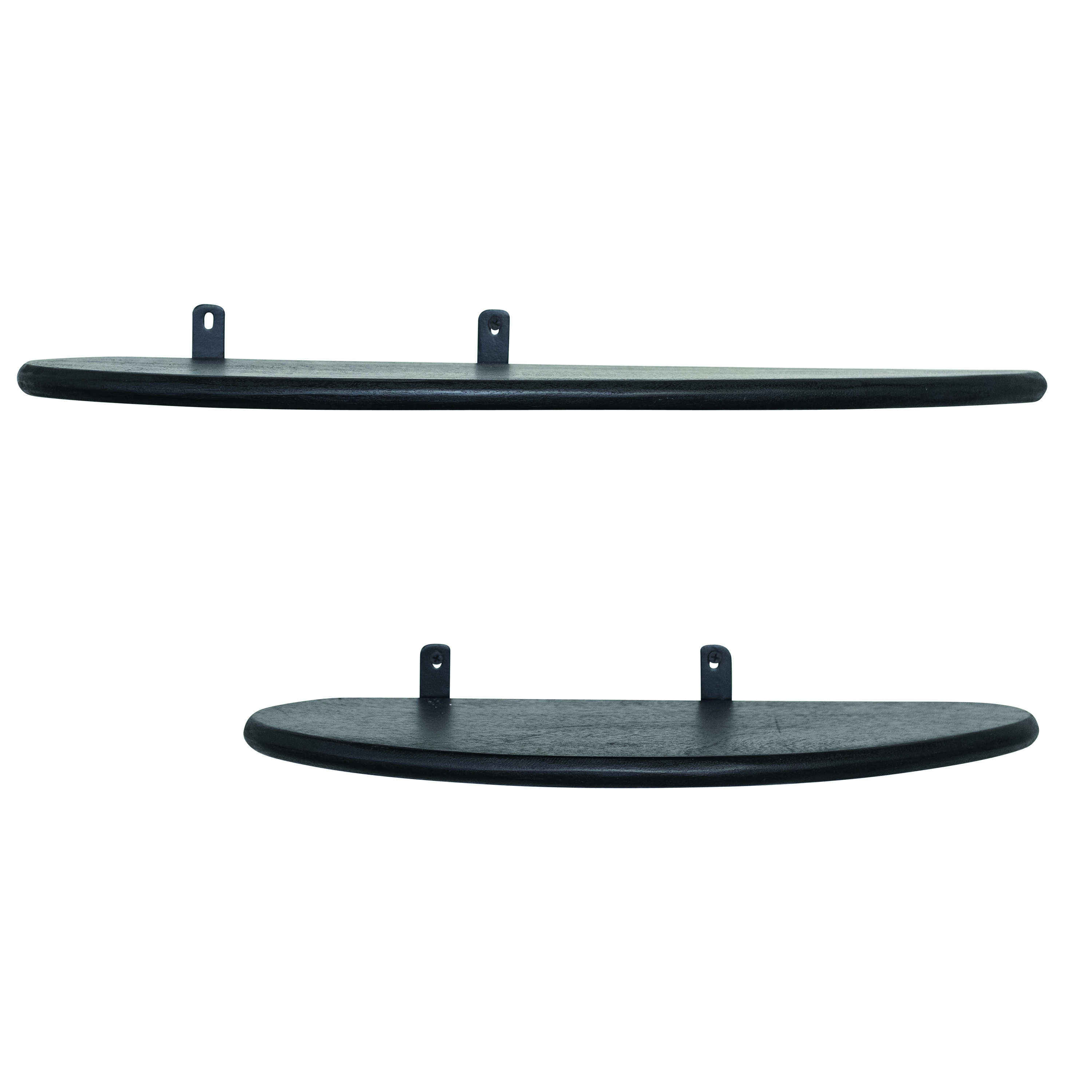 24 Inches and 19 Inches Mango Wood and Metal Organic Shaped Floating Wall Shelves, Matte Black, Set of 2 - Image 0