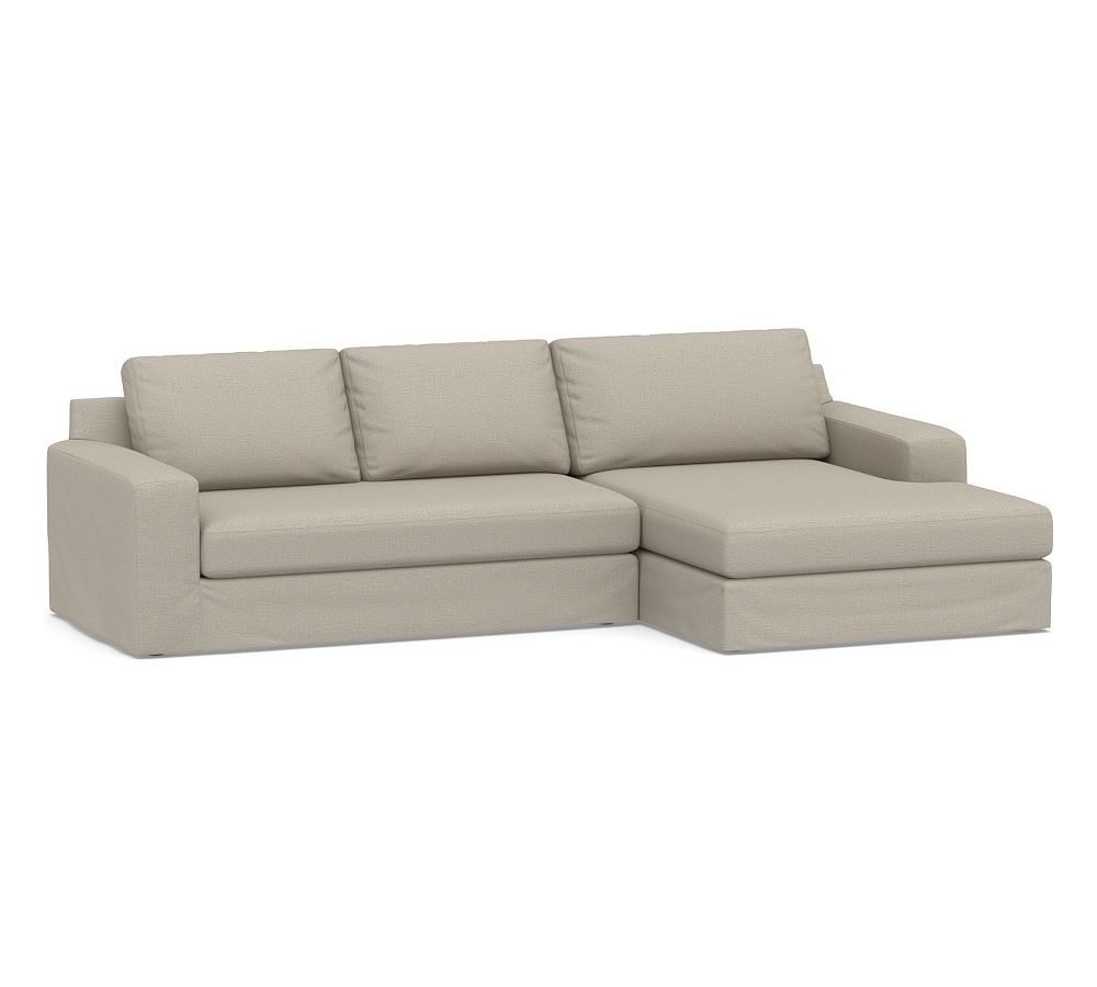 Big Sur Square Arm Slipcovered Left Arm Loveseat with Double Wide Chaise Sectional and Bench Cushion, Down Blend Wrapped Cushions, Performance Boucle Fog - Image 0