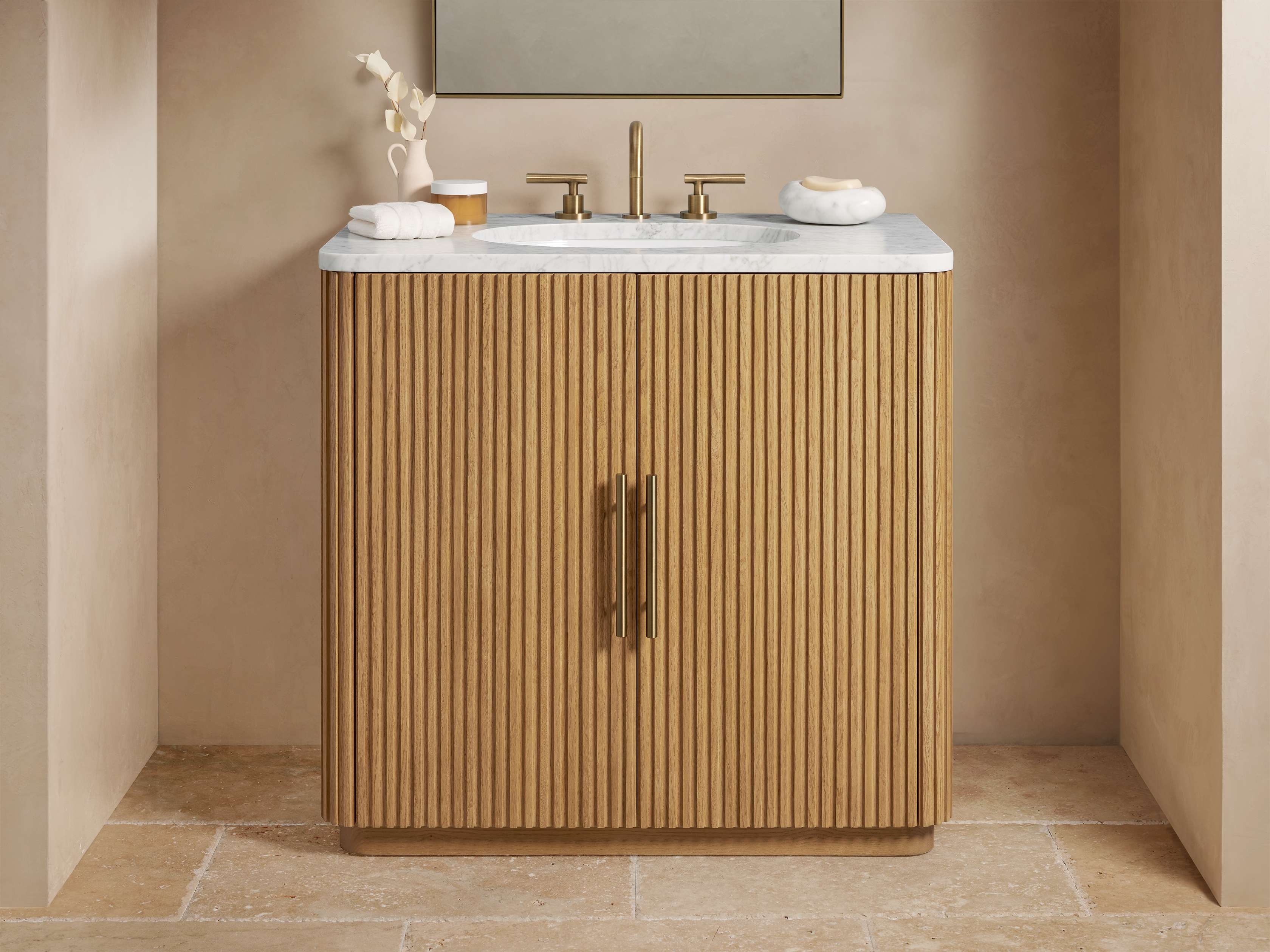 Finnley Single Vanity in Wood Natural  Carrara/Honey Brass - Image 0
