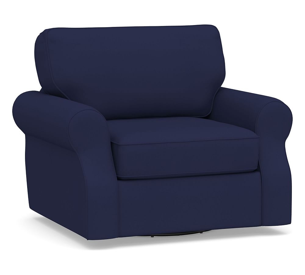 SoMa Fremont Roll Arm Upholstered Swivel Armchair, Polyester Wrapped Cushions, Performance Twill Cadet Navy - Image 0