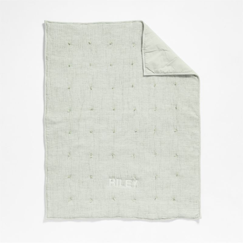 Aire Muted Teal Crinkle Hand-Quilted Organic Cotton Baby Crib Quilt - Image 1