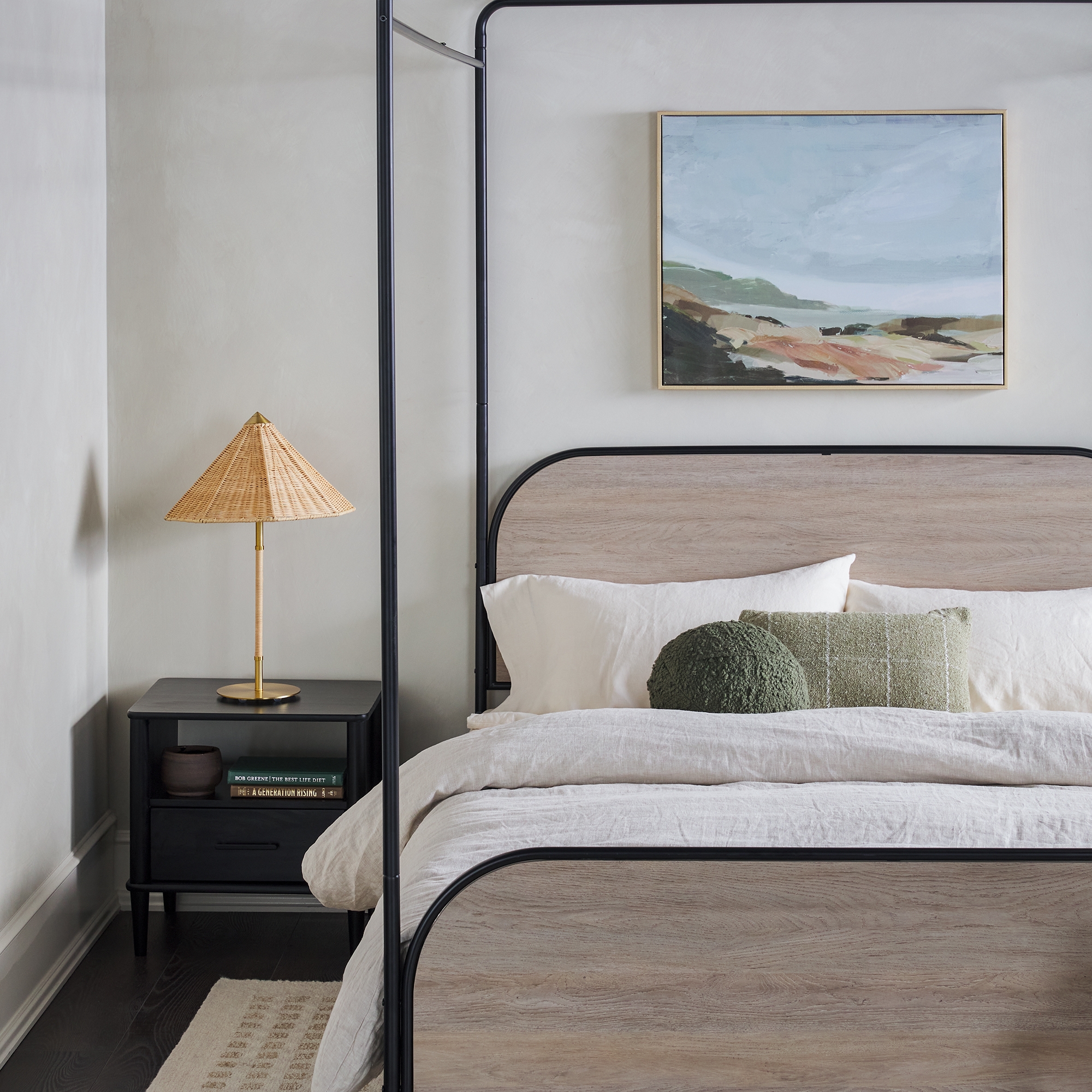 Modern Metal and Wood Canopy Queen Bedframe – Smoked Oak - Image 5