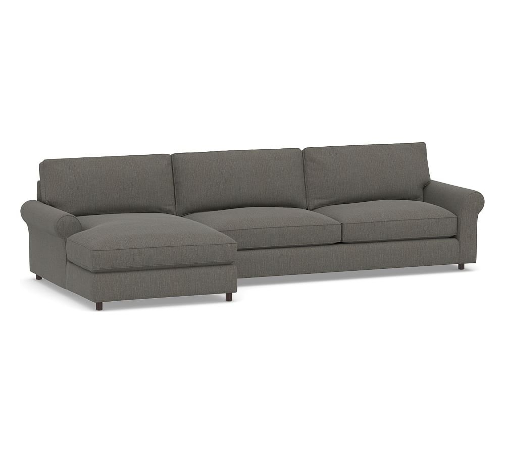 PB Comfort Roll Arm Upholstered Right Arm Sofa with Double Chaise Sectional, Box Edge Down Blend Wrapped Cushions, Chenille Basketweave Charcoal - Image 0