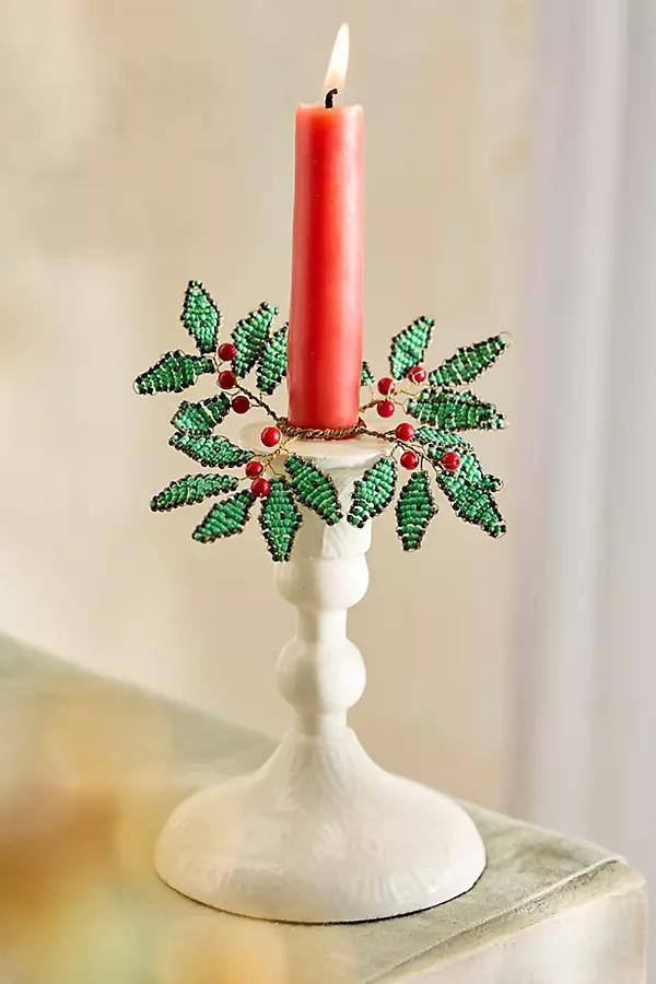 Green Holly Beaded Candle Wreaths, Set of 2 - Image 0