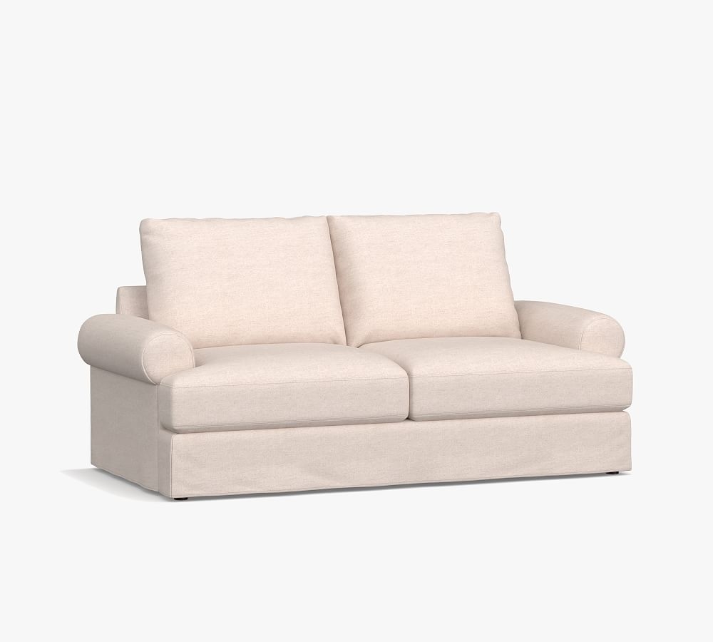 Canyon Roll Arm Slipcovered Loveseat 75", Down Blend Wrapped Cushions, Park Weave Oatmeal - Image 0
