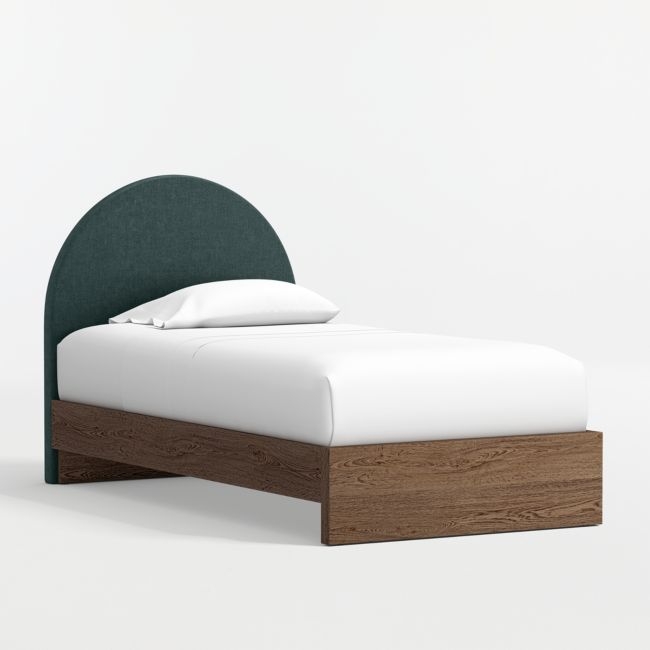 Emma Jungle Green Upholstered Kids Twin Headboard with Deep Brown Wood Base - Image 0