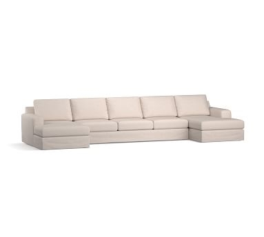 Big Sur Square Arm Slipcovered U-Chaise Grand Sofa Sectional, Down Blend Wrapped Cushions, Chenille Basketweave Taupe - Image 2