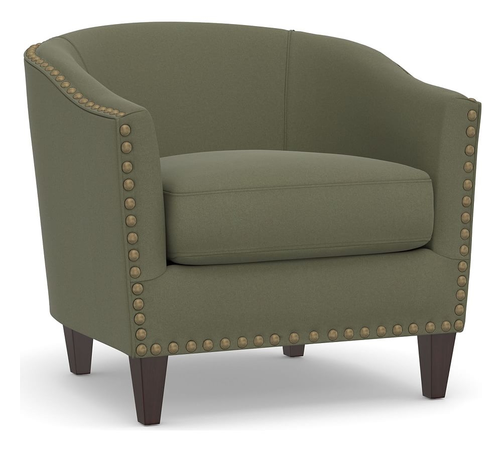 Harlow Upholstered Armchair with Bronze Nailheads, Polyester Wrapped Cushions, Performance Heathered Velvet Olive - Image 0