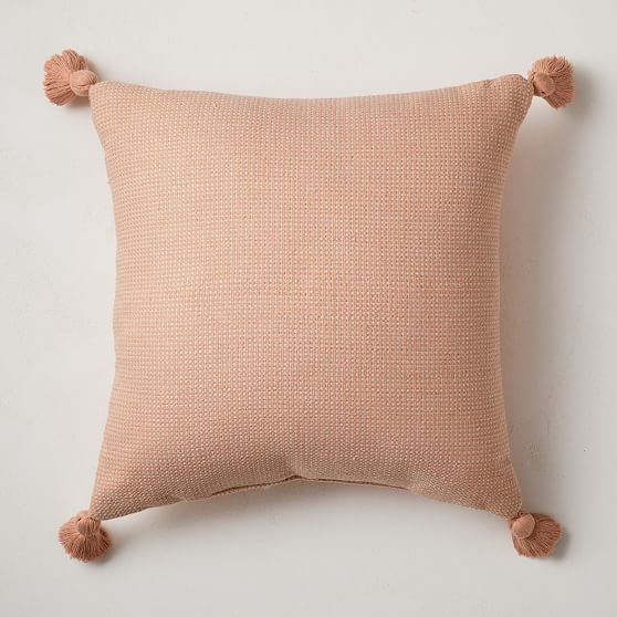 Outdoor Textured Solid Tassel Pillow, 20"x20", Bright Peach - Image 0