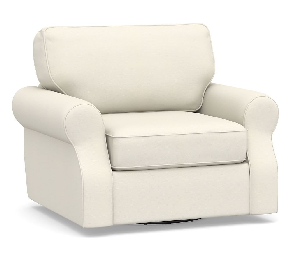 SoMa Fremont Roll Arm Upholstered Swivel Armchair, Polyester Wrapped Cushions, Textured Twill Ivory - Image 0