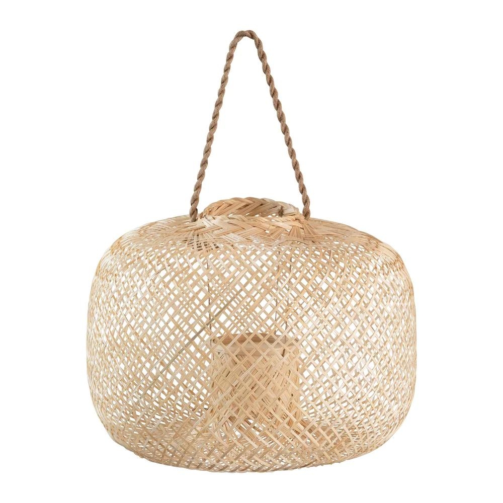 Hand-Woven Bamboo Lantern with Jute Handle & Glass Insert, Natural - Image 1