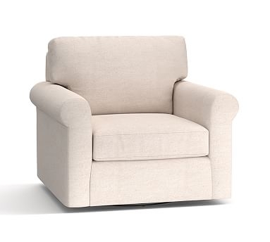 York Roll Arm Upholstered Swivel Armchair, Down Blend Wrapped Cushions, Performance Brushed Basketweave Chambray - Image 0