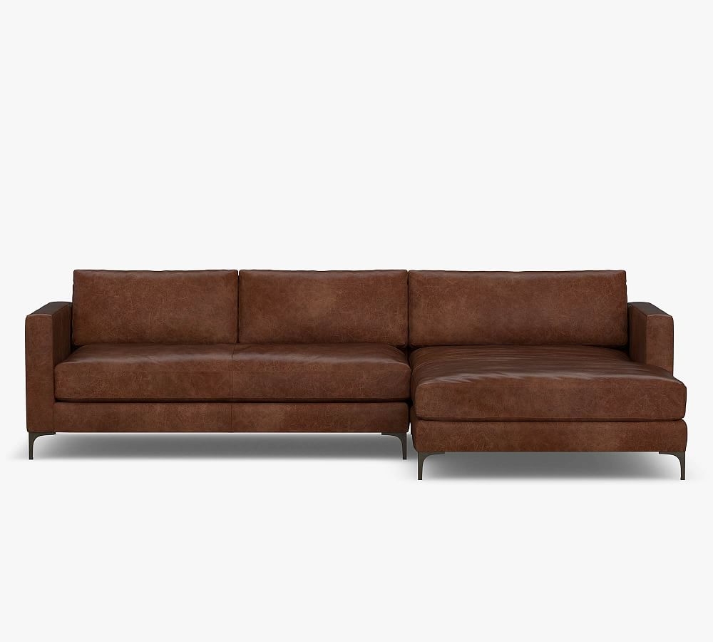Jake Leather Left Arm 2-Piece Sectional with Double Chaise with Bronze Legs, Down Blend Wrapped Cushions, Nubuck Coffee - Image 0