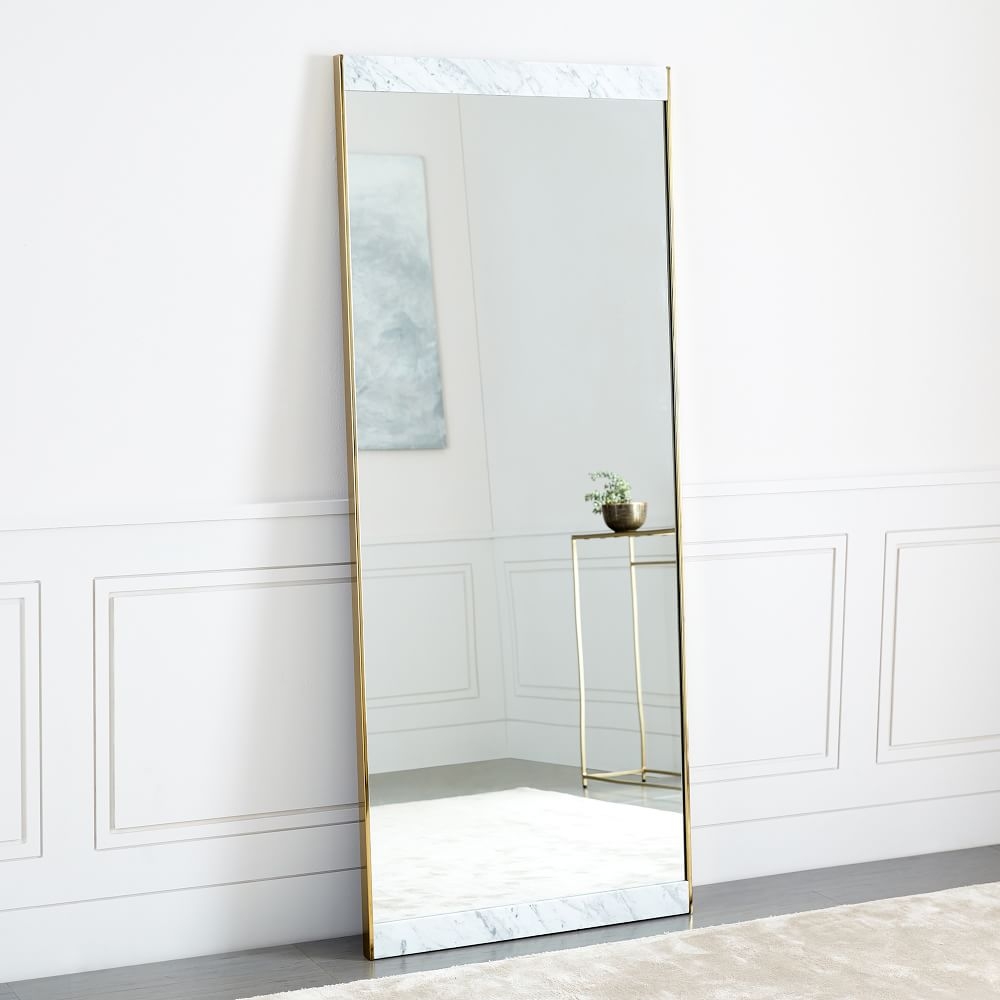 Marble & Brass Floor Mirror, White - Image 0