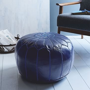 Leather Moroccan Pouf, Navy Blue - Image 2