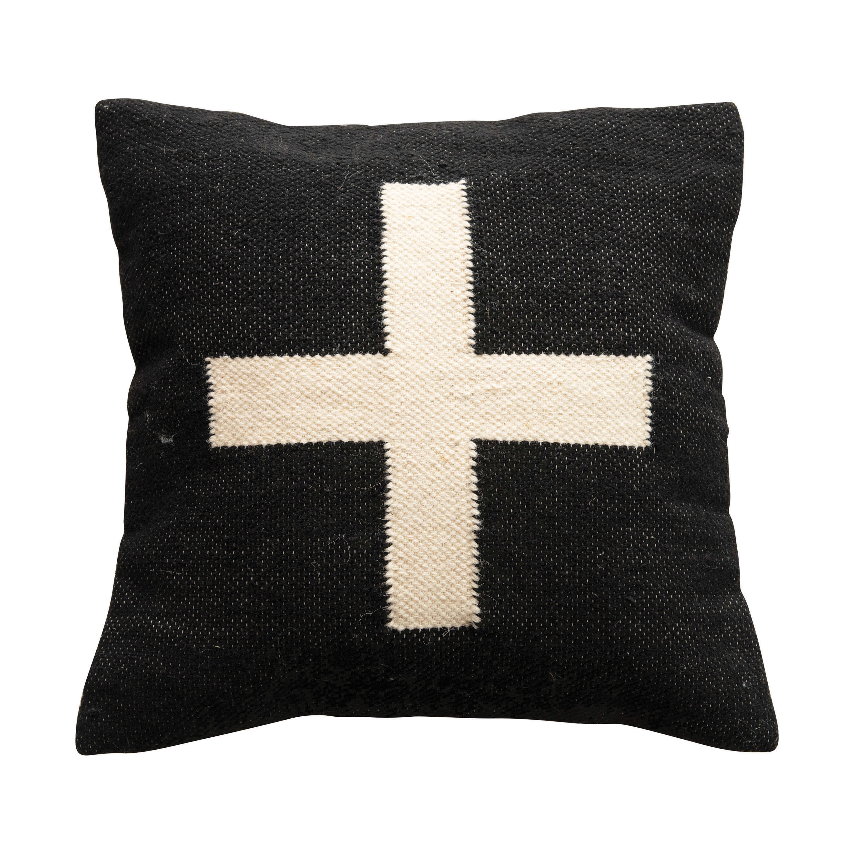 Wool Blend Pillow with Swiss Cross, Black & Cream Color - Image 0