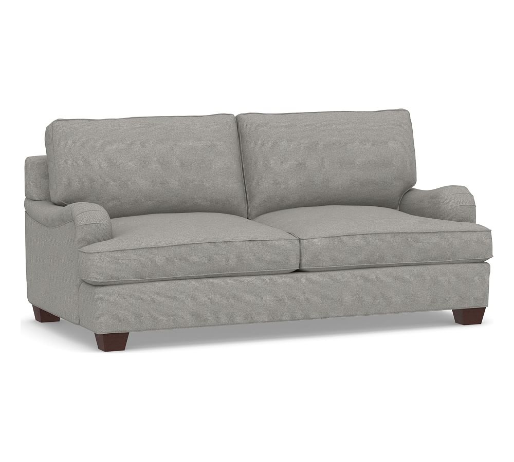 PB English Upholstered Sofa, Polyester Wrapped Cushions, Performance Heathered Basketweave Platinum - Image 0