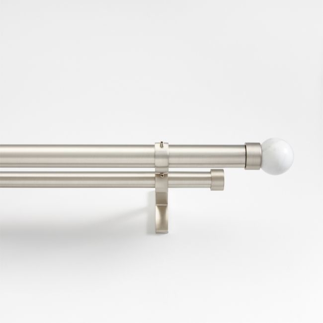 Brushed Nickel 1" Double Curtain Rod and Small Marble Round End Cap Finials Set 88"-120" - Image 0