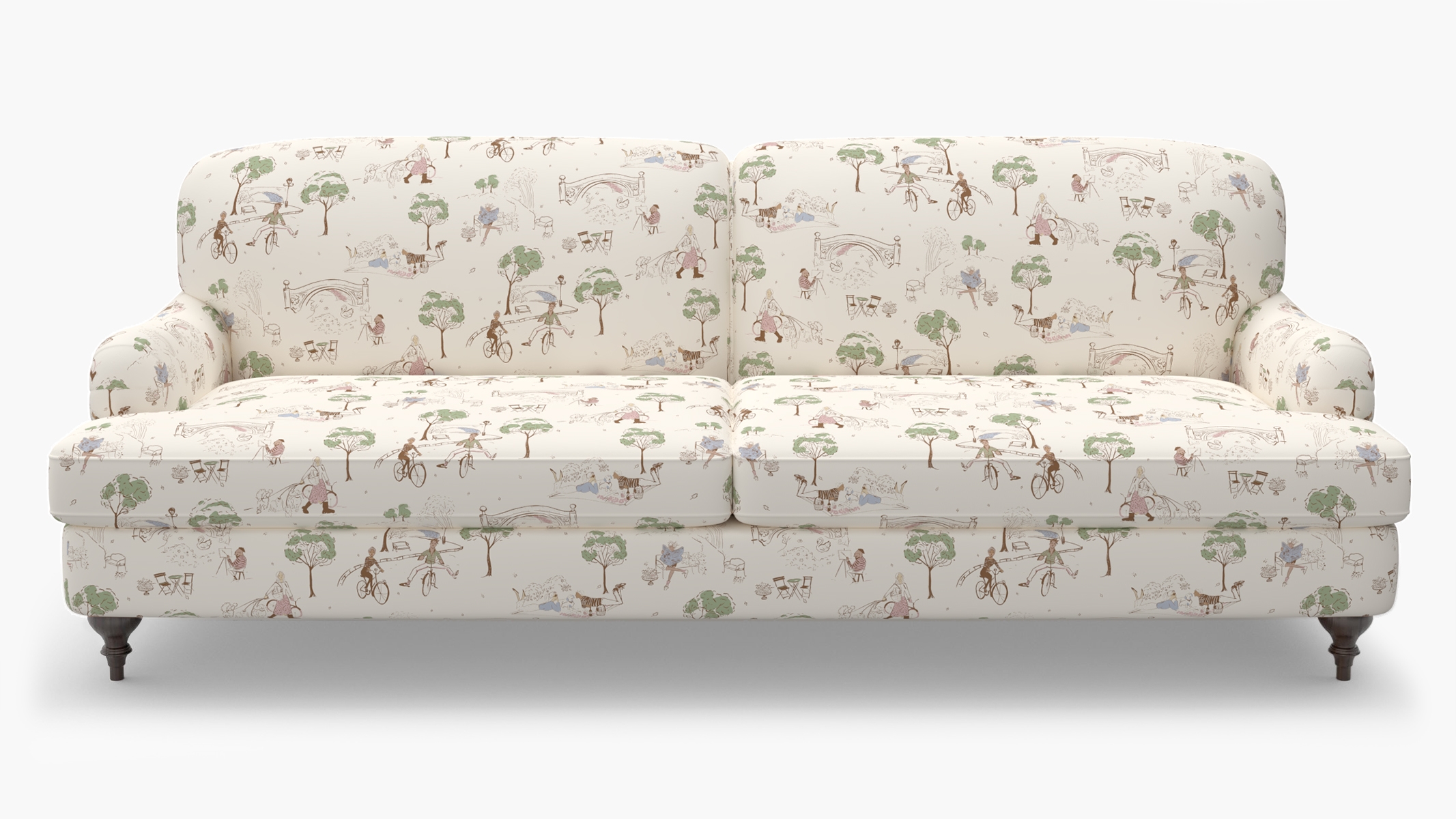 English Roll Arm Sofa, Multi Central Park Toile, Espresso Turned Wood Leg - Image 0